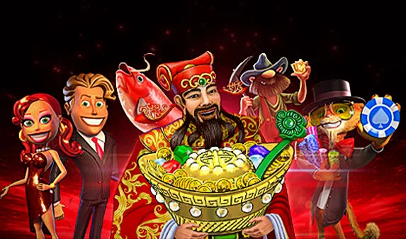 ภาพกราฟิกตัวการ์ตูนธีมคาสิโนบนพื้นหลังสีแดง จากหน้าแรกภาษาไทยของผู้ให้บริการ